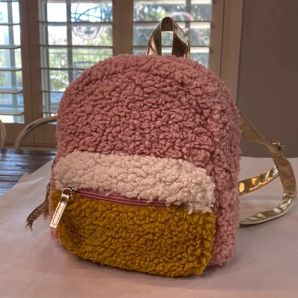 Fuzzy Pink Mini Small Backpack Purse Handbag with Gold Straps - Picture 2 of 11